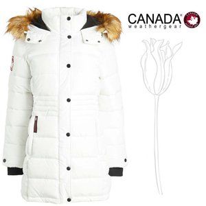 Canada Weather Gear - White Waist-Panel Faux Fur Hood Long Puffer Coat